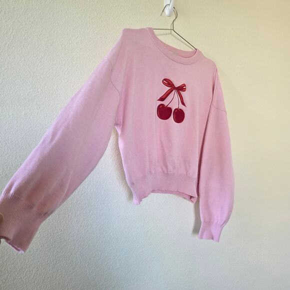 Faded Rose Pink Cherry Embroidered Sweater Womens Size L Soft Knit Long Sleeve - Picture 5 of 12